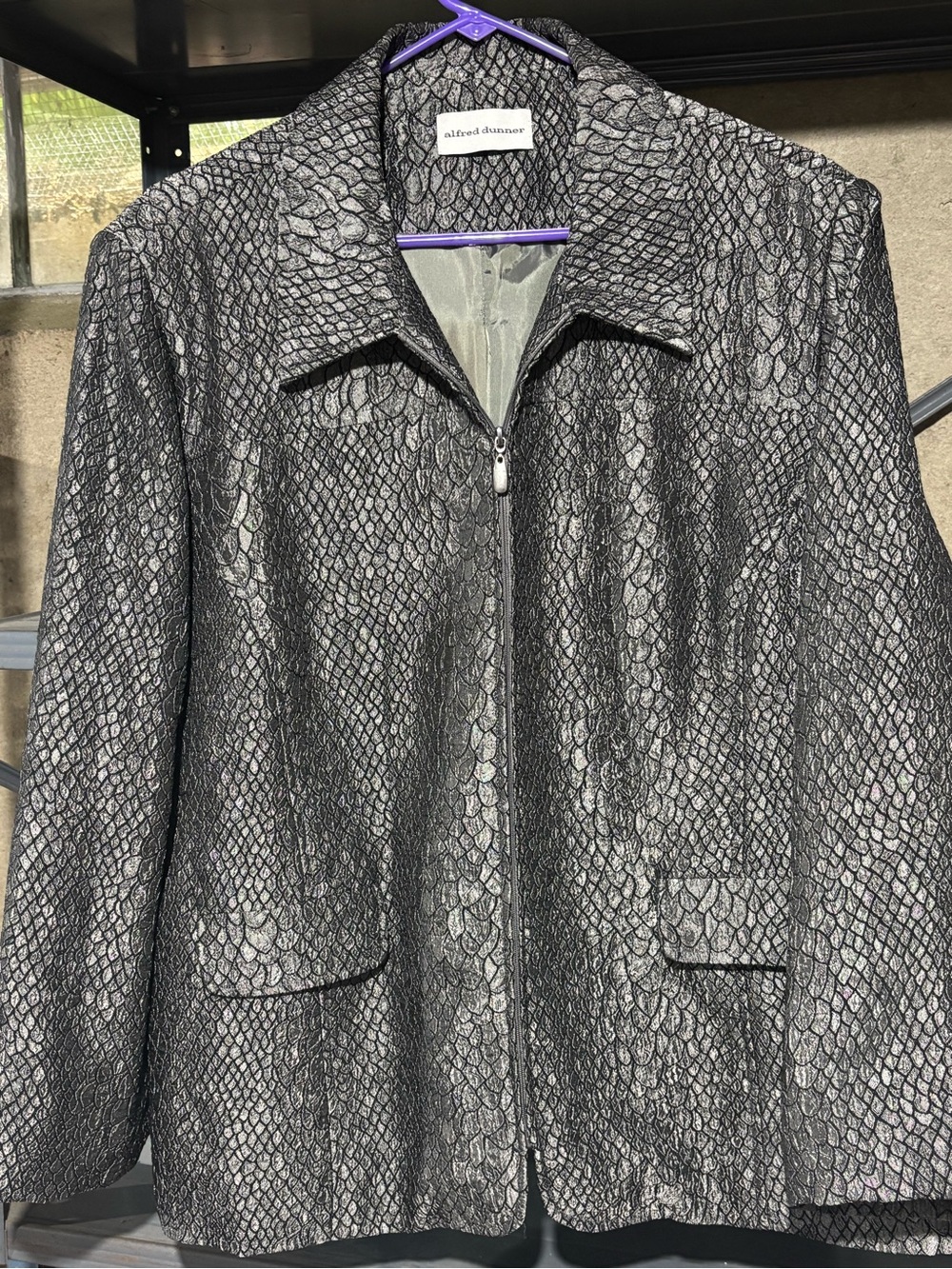 Alfred Dunner Metallic Black/Silver Textured Zip Jacket